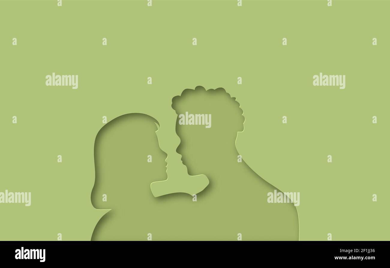 Junger Mann und Frau zusammen in 3D papercut Handwerk Stil. Isolierte Papier geschnitten Illustration von Paar Liebe oder interracial Beziehungskonzept. Stock Vektor