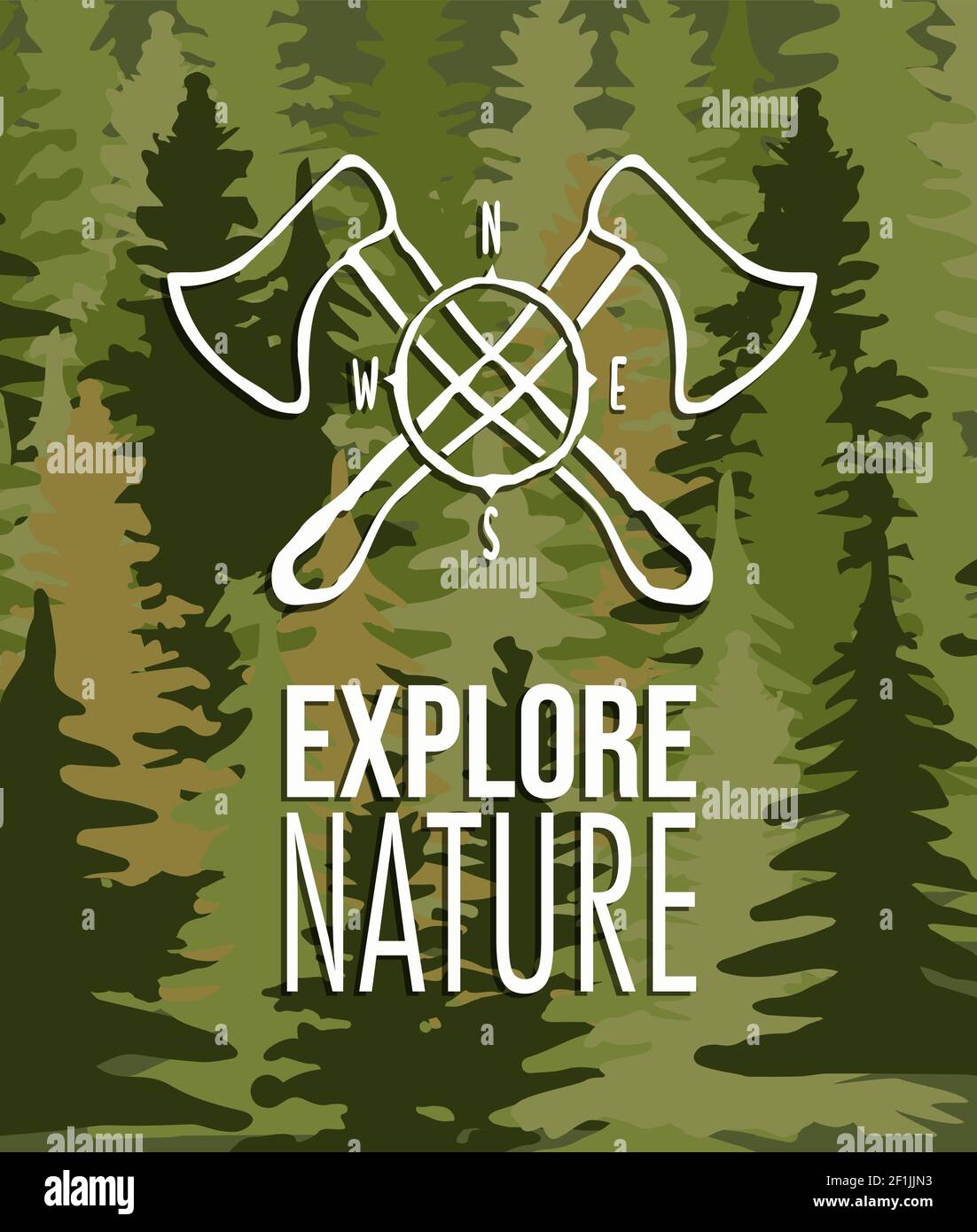 Erkunden Natur Label mit Hand gezeichnet Axt Werkzeug-Design und Pinienwald Hintergrund. Öko Tourismus Urlaubskonzept. Stock Vektor