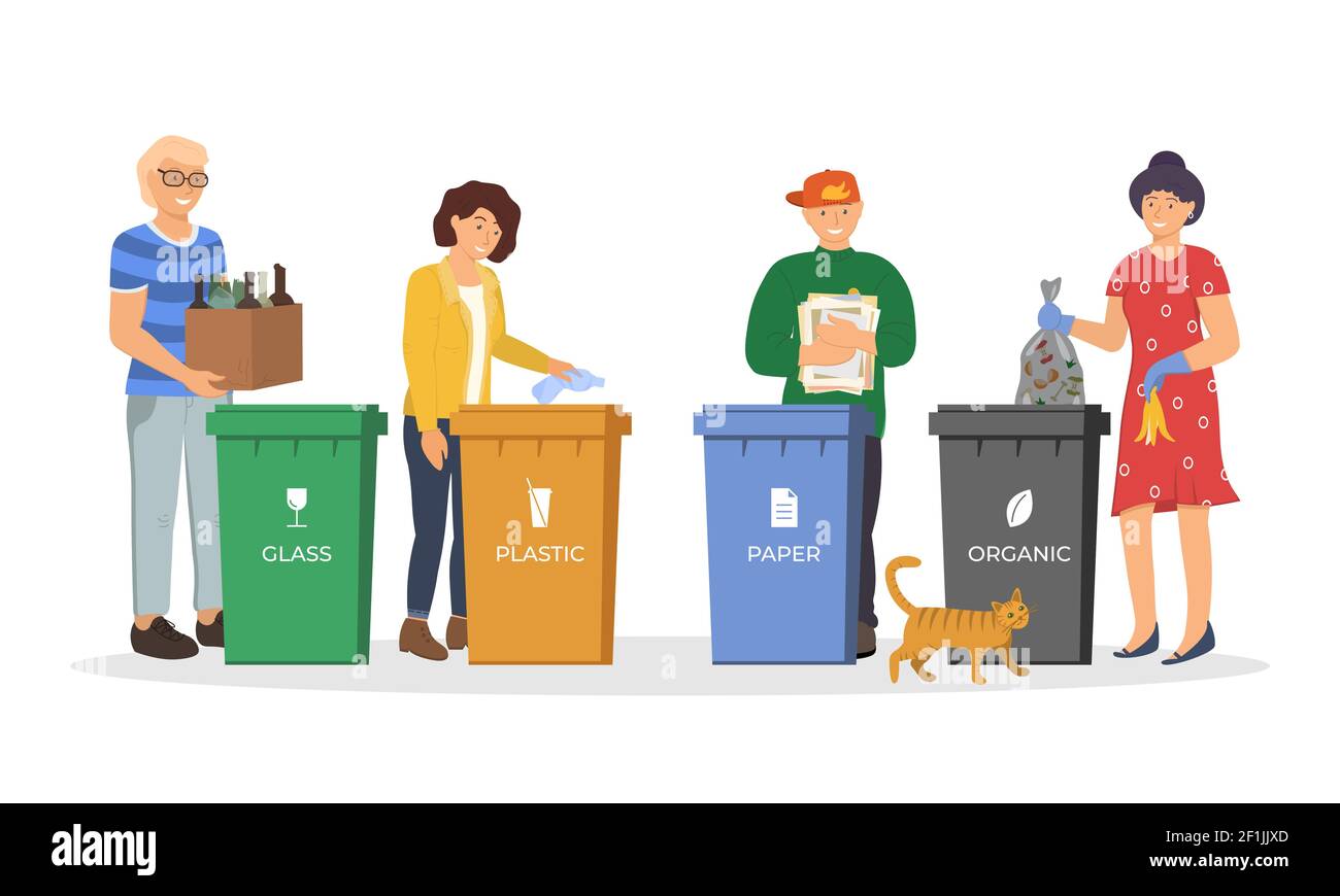 Menschen, die Müll zum Recycling sortieren. Verantwortungsbewusste Männer und Frauen stehen in der Nähe von Mülleimern und nutzen Müll und Müll in verschiedenen Behältern zur Abfallverwertung. Umwelt und Ökologie eps Konzept Stock Vektor