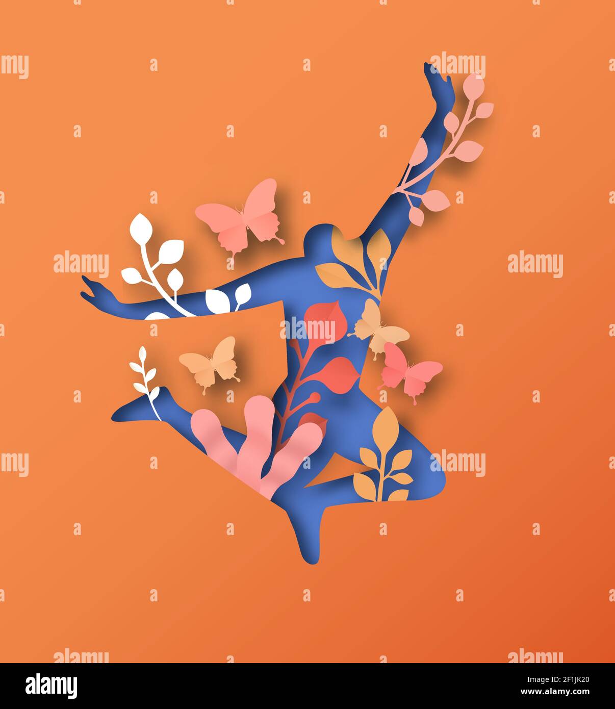 Body Silhouette in springender Pose, 3D Papercut Stil Illustration mit Naturschmuck und Schmetterling. Gesunder Lebensstil oder natürliche umweltfreundliche Produkte Stock Vektor