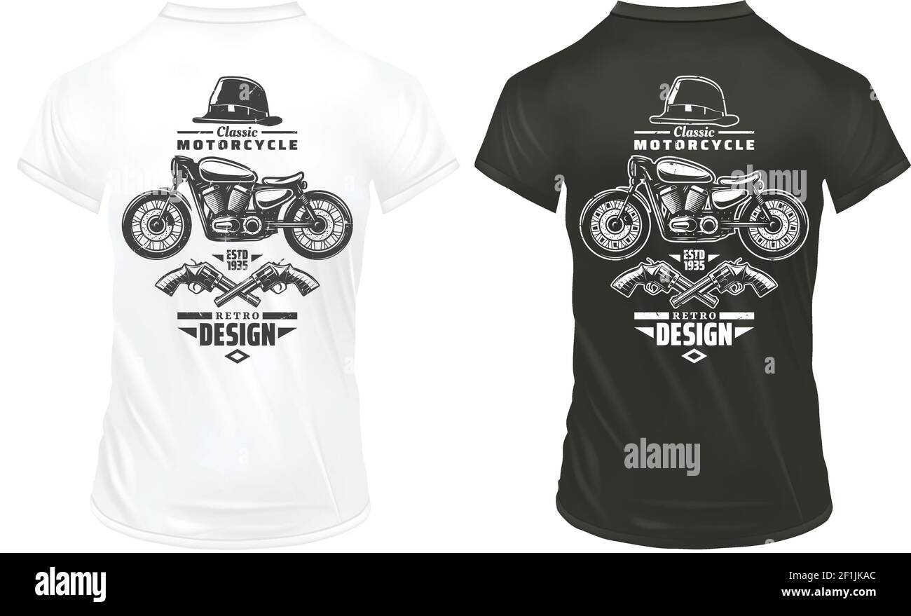 Vintage Retro Design Drucke Vorlage mit Aufschriften klassischen Motorrad Gentleman hut gekreuzte Pistolen auf Hemden isoliert Vektor Illustration Stock Vektor