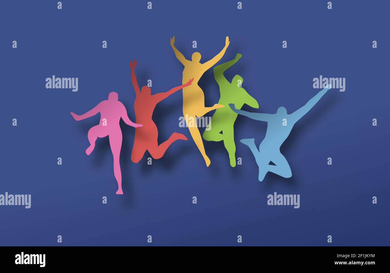 Bunte Menschen Gruppe in springenden Pose zusammen, 3D Papercut Handwerk Illustration für Freundschaft Konzept oder aktive Gesundheit Veranstaltung. Stock Vektor