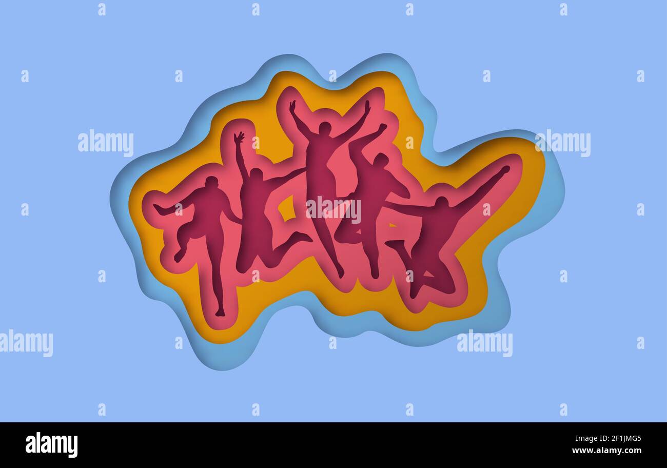 Bunte Menschen gruppieren sich in springenden Posen zusammen. Geschichtete 3D Papercut Handwerk Illustration für Freundschaft Konzept oder aktive Gesundheit Veranstaltung. Stock Vektor