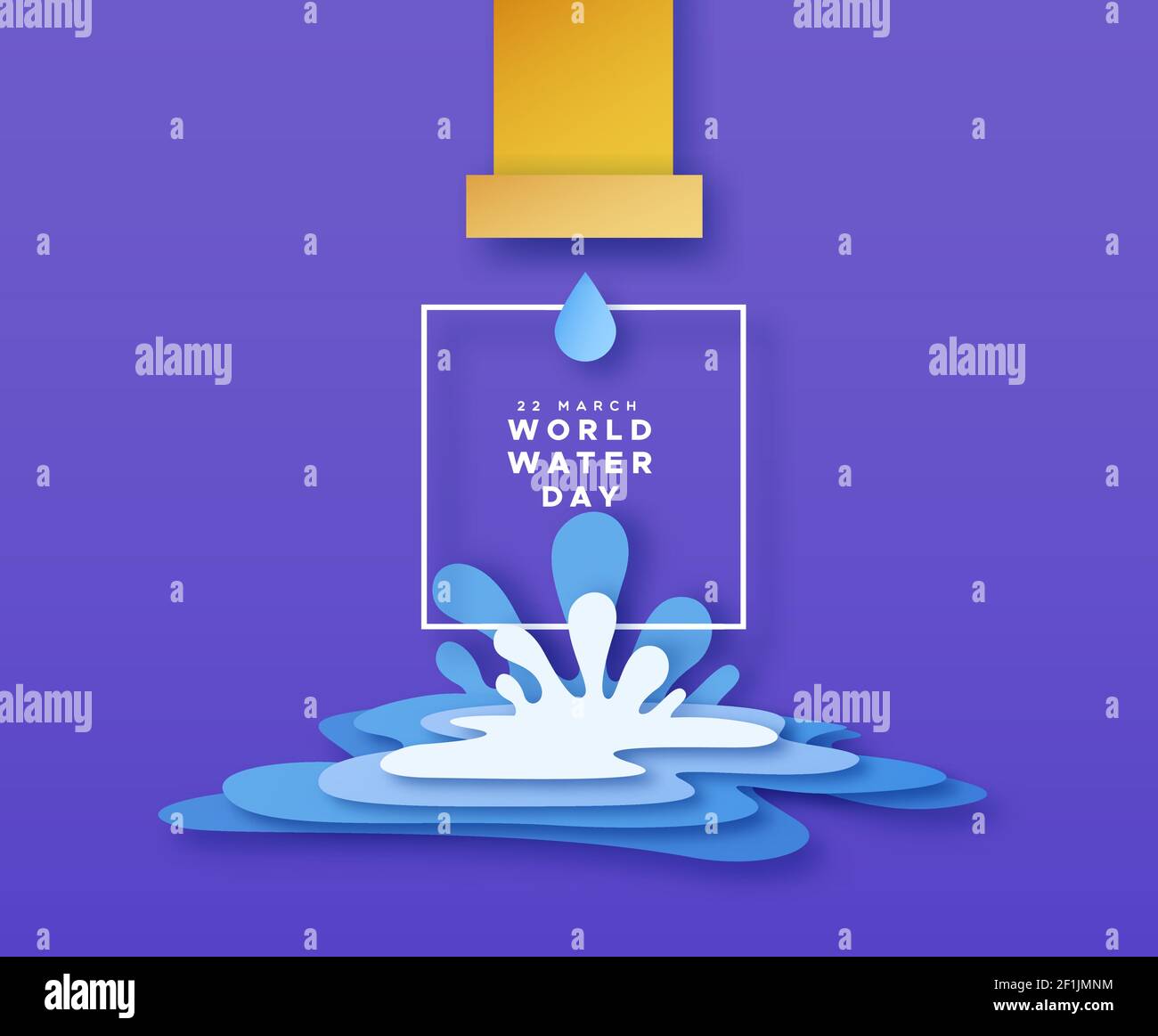 Welt Wasser Tag Grußkarte Illustration von Papier schneiden Rohr verschüttete Tropfen für Abfallreduzierung Kampagnenkonzept. Papercut Handwerk Pipeline in 3D la Stock Vektor