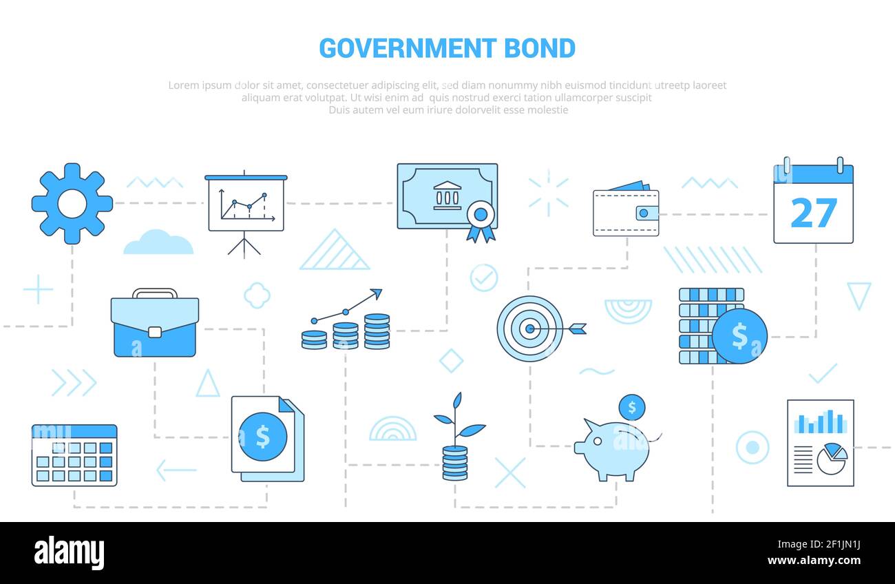 Government Bond Konzept mit Icon Set Template Banner mit modernen Vektordarstellung mit blauem Farbstil Stockfoto