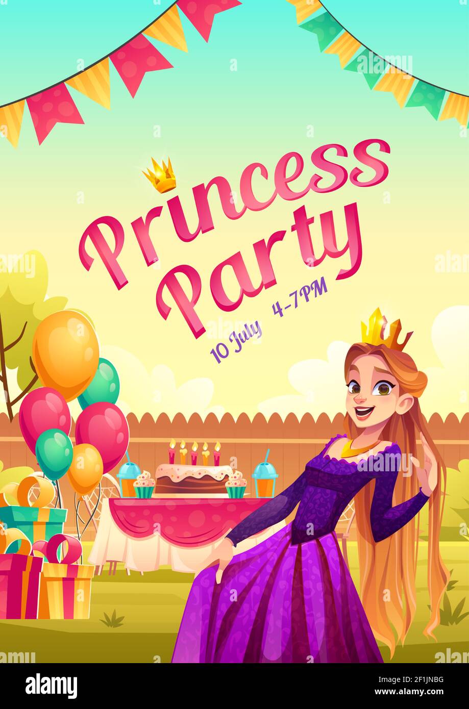 Prinzessin Party Cartoon Poster mit Mädchen in Krone und Kleid auf Hof, Kuchen mit Kerzen auf gedient Tisch, Ballons, Geschenke und Girlanden. Kinder Geburtstagsfeier Veranstaltung, Vektor-Einladung Flyer Stock Vektor