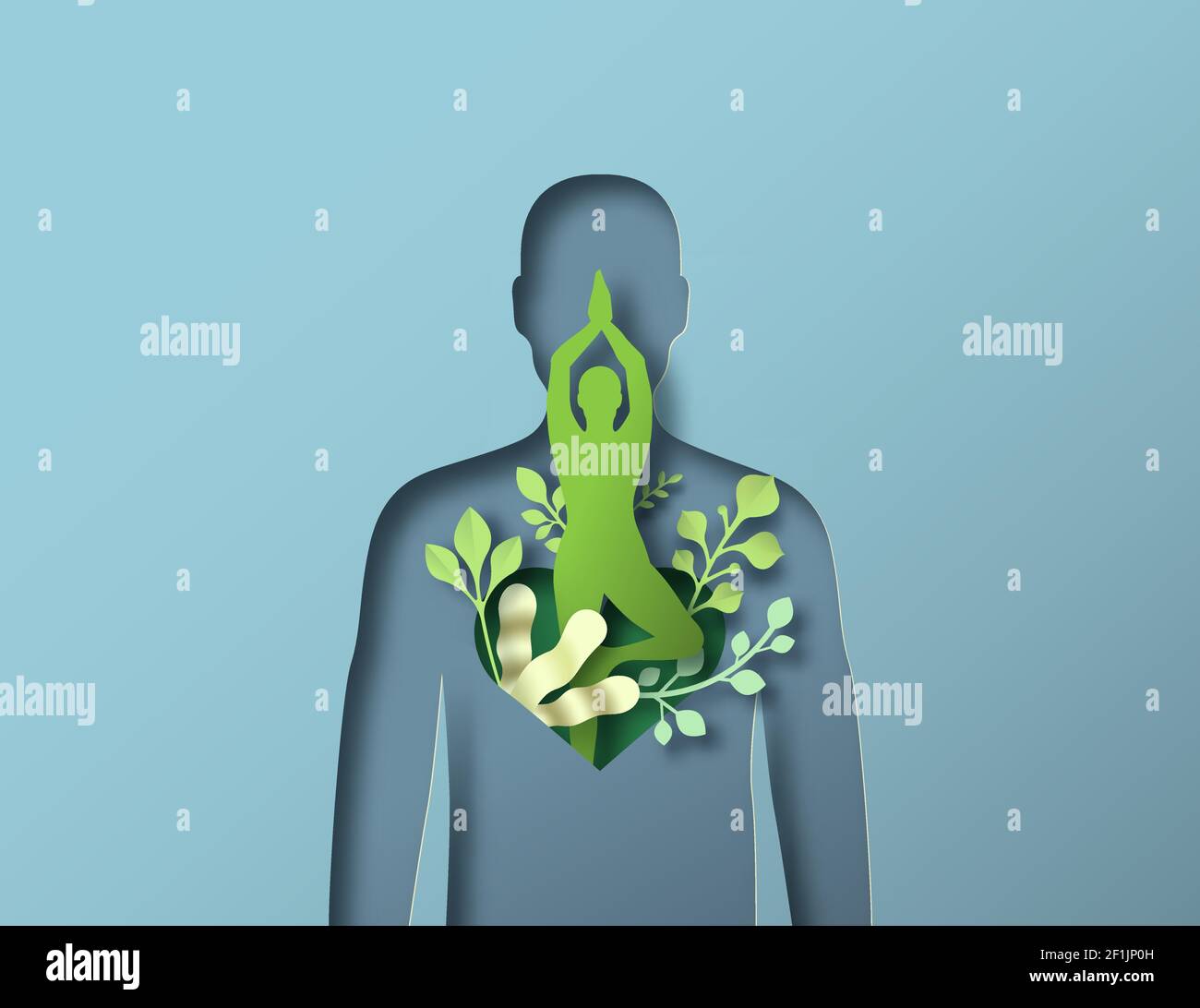 Frau oder Mann Körper Silhouette tun Yoga Baum Pose. 3D Papercut Stil Illustration mit Natur Dekoration. Meditation Übung, natürliche umweltfreundliche PR Stock Vektor