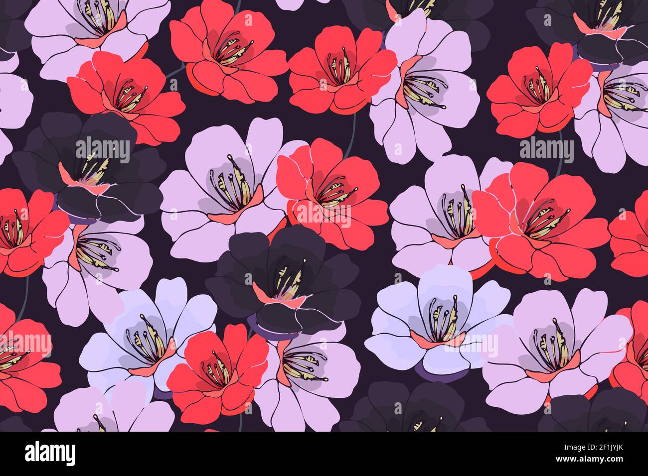 Vektor florale Nahtloses Muster. Rosa, rote, dunkelviolette Blüten isoliert auf einem dunkelvioletten Hintergrund. Stock Vektor