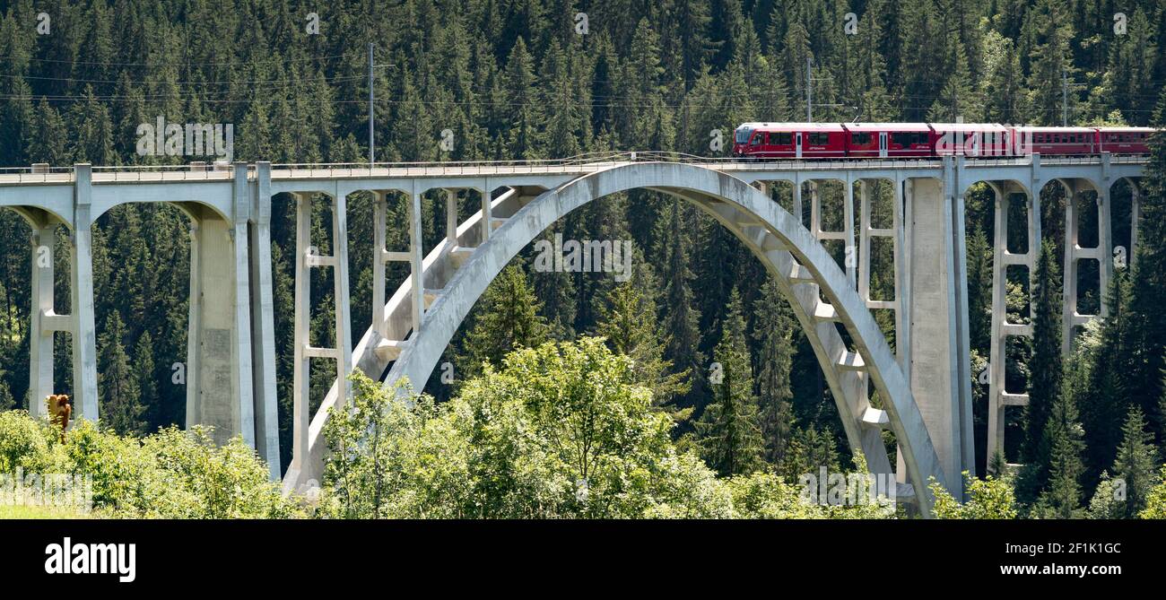 Schmalspurzug überquert einen langen Viadukt über eine Tiefe Schlucht in den Schweizer Alpen Stockfoto