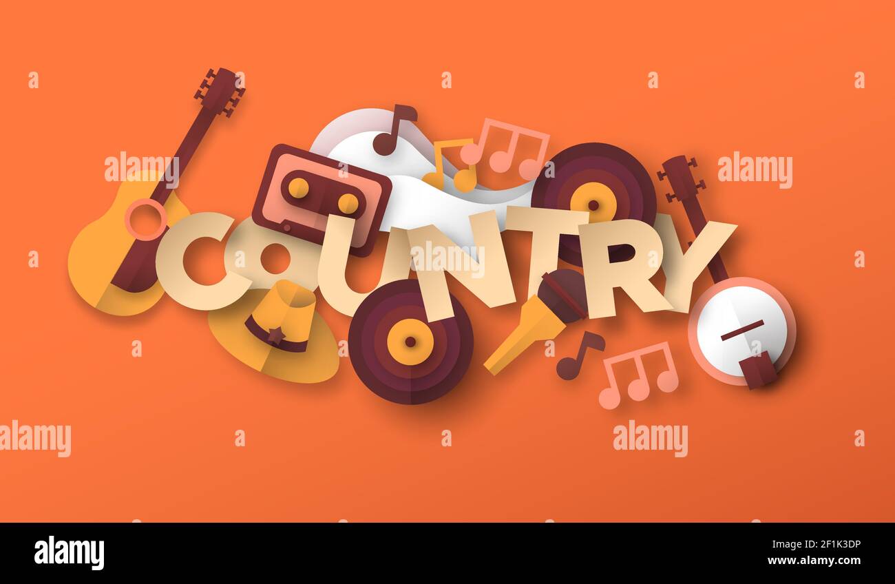 Country-Musik-Stil Illustration mit 3D Papier geschnitten Musikinstrument Ausrüstung Symbole. American Band Konzert, Live Western Event Konzept. Inklusive aco Stock Vektor