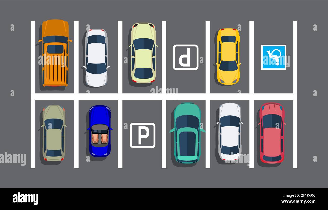 Stadtparkplatz mit verschiedenen Autos. Stock Vektor