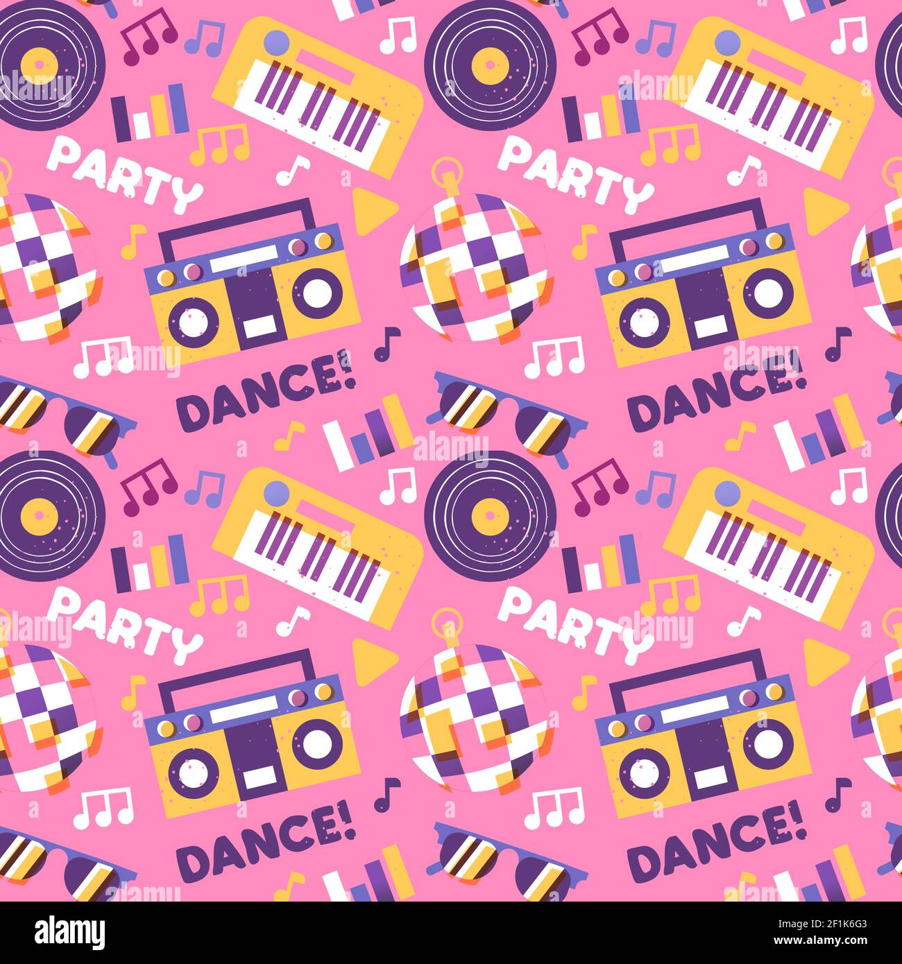 Party-Musik nahtlose Muster mit Cartoon-Klavier, Disco-Ball, dj Vinyl und mehr elektronische Geräte Symbole. Spaß Tanz Feier Hintergrund Design. Stock Vektor