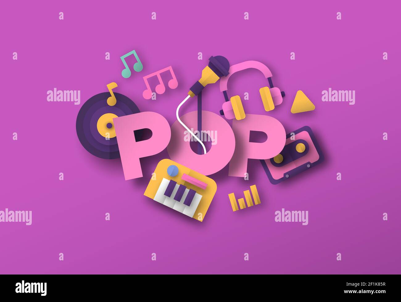 Pop-Musik Stil Illustration mit 3D Papier geschnitten Musikinstrument Ausrüstung Symbole. Kreatives Festival, Konzertevent Konzept. Enthält Sänger Mikrophon Stock Vektor