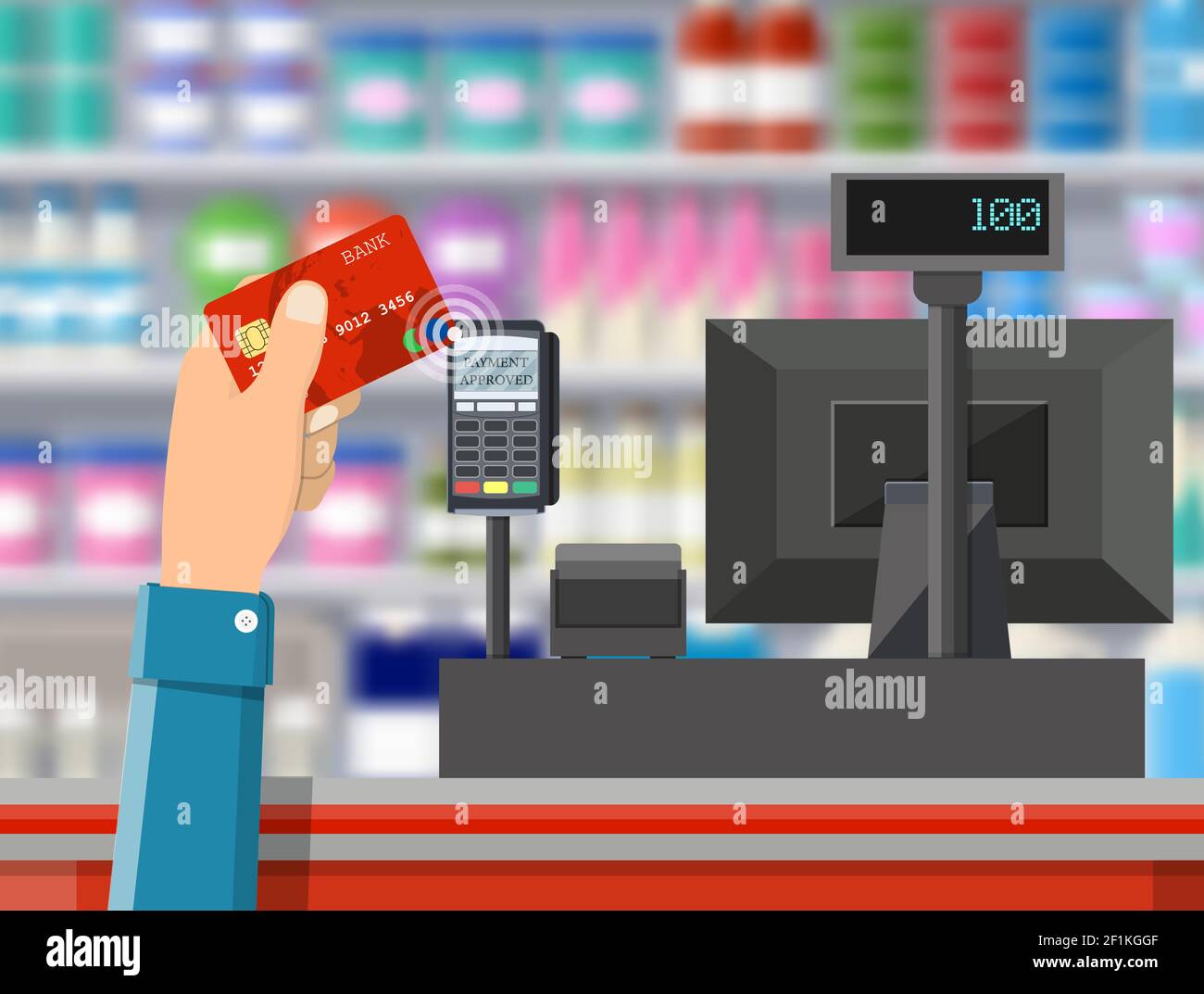 Am POS-Terminal wird die Zahlung per Bankkarte bestätigt. Stock Vektor