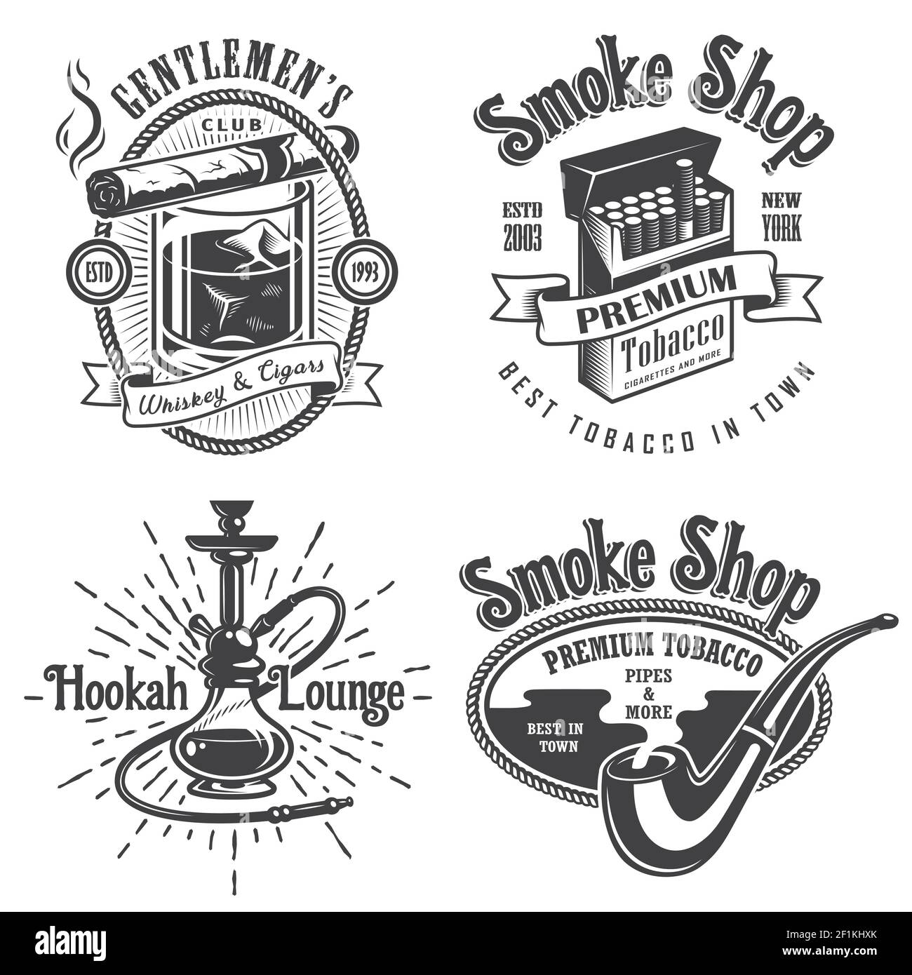 Set von Vintage Tabak Raucher Embleme, Etiketten. Abzeichen und Logos. Monochromer Stil. Isoliert auf weißem Hintergrund Stock Vektor