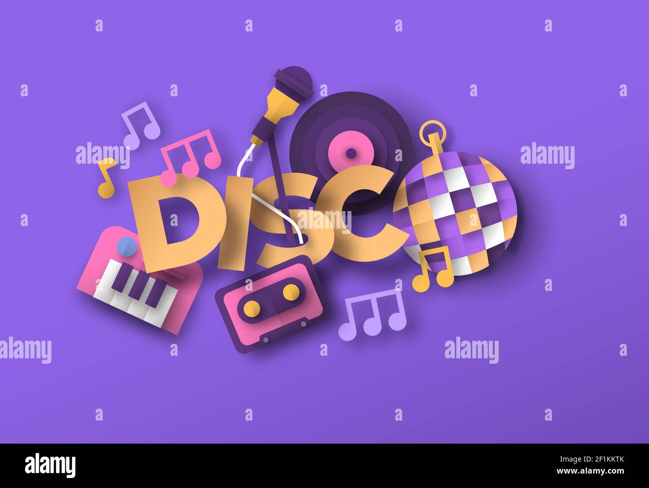 Disco Musik Stil Illustration mit 3D Papier geschnitten Musikinstrument Symbole. Retro 80s Bandkonzert, Live-Event oder Tanzparty Konzept. Inklusive Microph Stock Vektor Disco Musik Stil Illustration mit 3D Papier geschnitten Musikinstrument Symbole. Retro 80s Bandkonzert, Live-Event oder Tanzparty Konzept. Inklusive Microph Stock Vektor