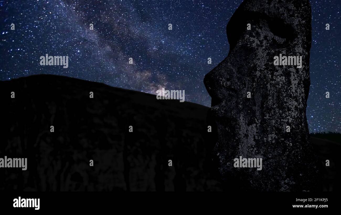 Zeitraffer mit Sternen, Vordergrundstatue Moai im Vulkan Rano Raraku Osterinsel, Chile Stockfoto