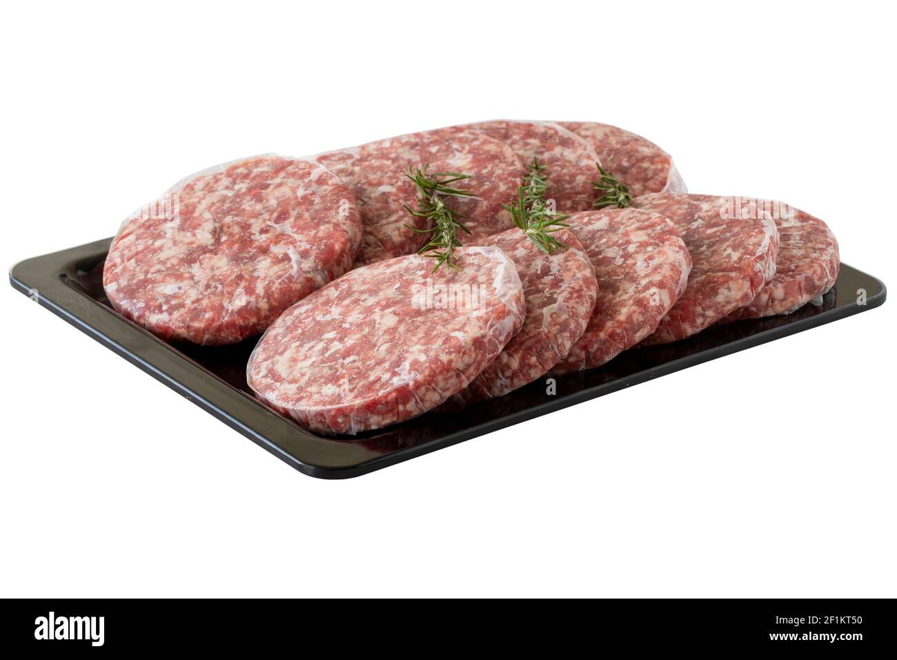 RAW Beef Burger Fleischbällchen isoliert auf weißem Hintergrund Stockfoto