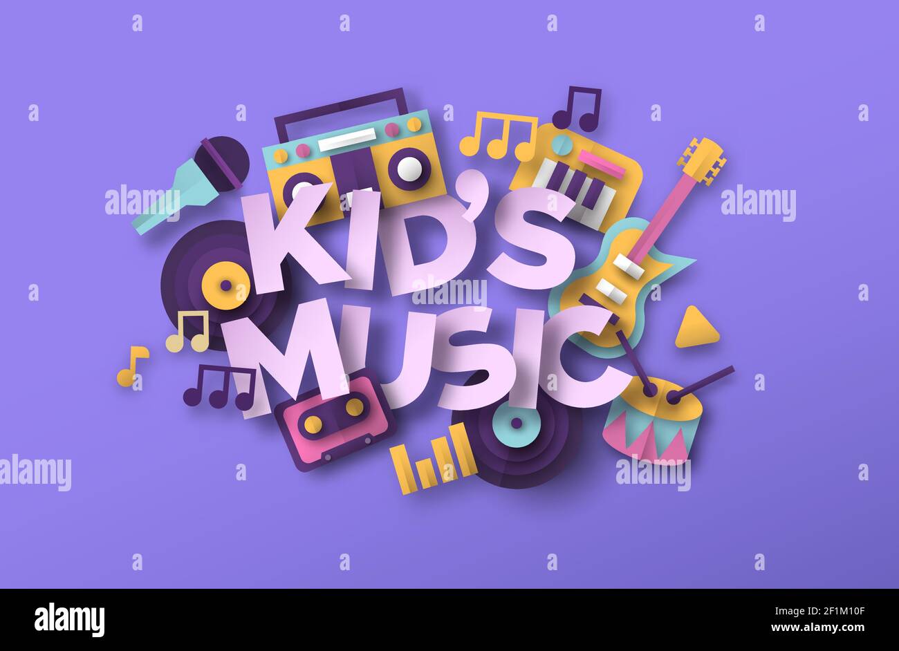 Kinder Musik Stil Illustration mit 3D Papier geschnitten Musikspielzeug Ikonen. Schulband, Tonpädagogik oder Spaß Kinder Konzert Veranstaltungskonzept. Inklusive Mikro Stock Vektor