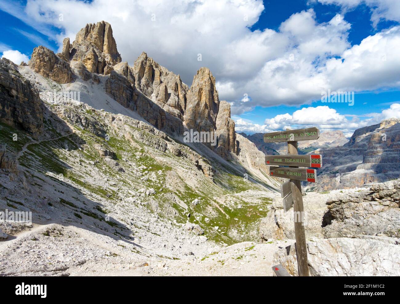 Wilde und malerische Berglandschaft mit Holzpfadmarkierung in Der Vordergrund Stockfoto