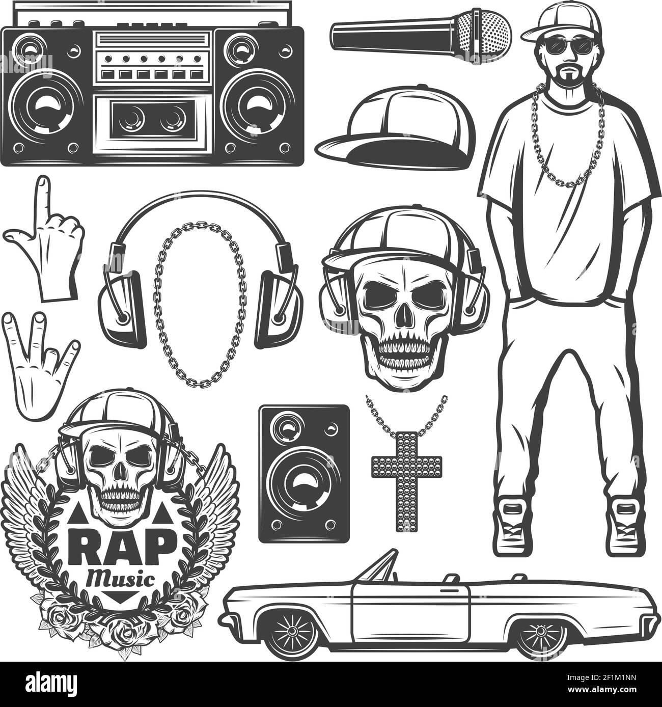 Vintage Rap Musik Elemente Kollektion mit Rapper Boombox Mikrofon Kappe Kette Halskette Lautsprecher Auto Schädel Label Kopfhörer isoliert Vektor illustrr Stock Vektor
