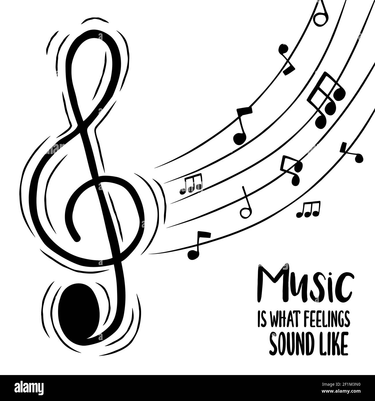 Musik ist, was Gefühle klingen wie Text Zitat Illustration für musikalische Liebe Konzept. Violinschlüssel Cartoon mit Audio Note Hintergrund. Stock Vektor