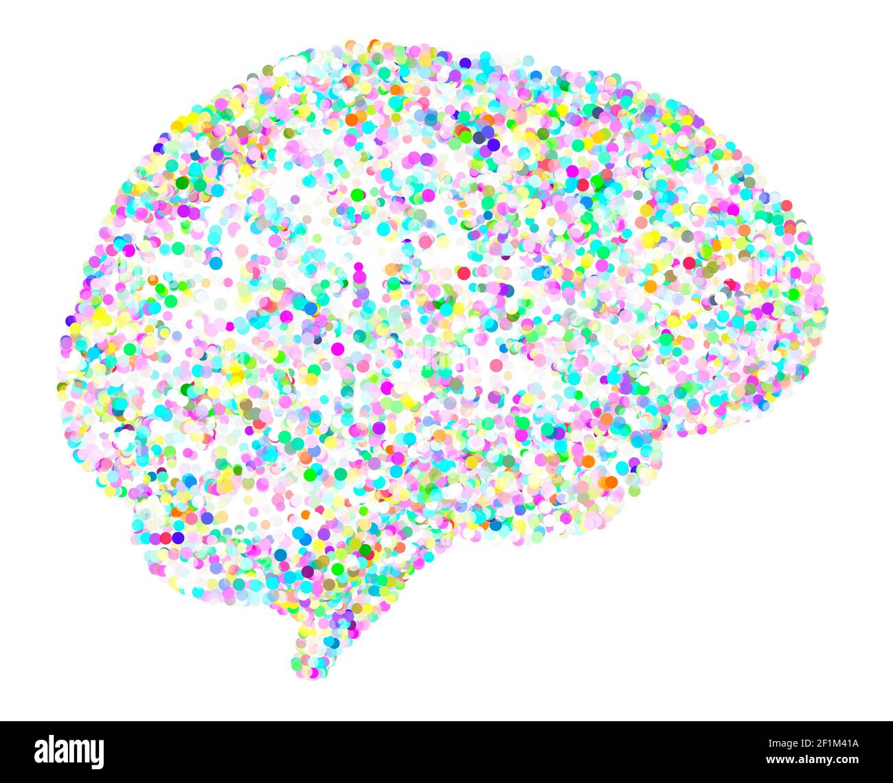 Stilisiertes Gehirn mit Punkten. Ideen und Gedanken, seien Sie kreativ. Bunte Kreise. Laterale Ansicht des Hirnorgans. Menschliche Anatomie. Partikel Stockfoto