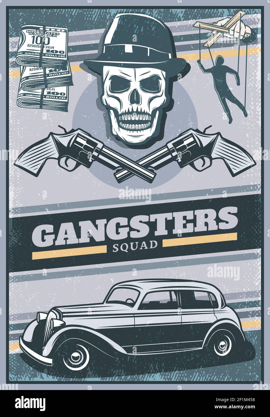 Vintage farbige Gangster Poster mit Totenkopf trägt Hut Mafia Auto Geld gekreuzte Revolver Hand mit Puppe Vektor Illustration Stock Vektor