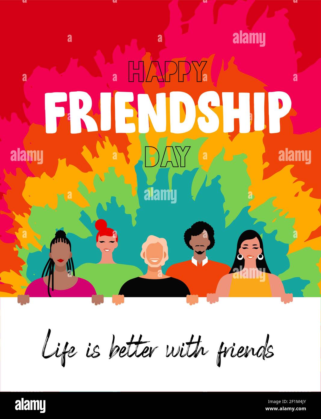 Happy Friendship Tag Grußkarte Illustration von verschiedenen jungen Freund Gruppe hält Feier Nachricht zusammen auf bunten Krawatte Farbstoff Hintergrund. Stock Vektor