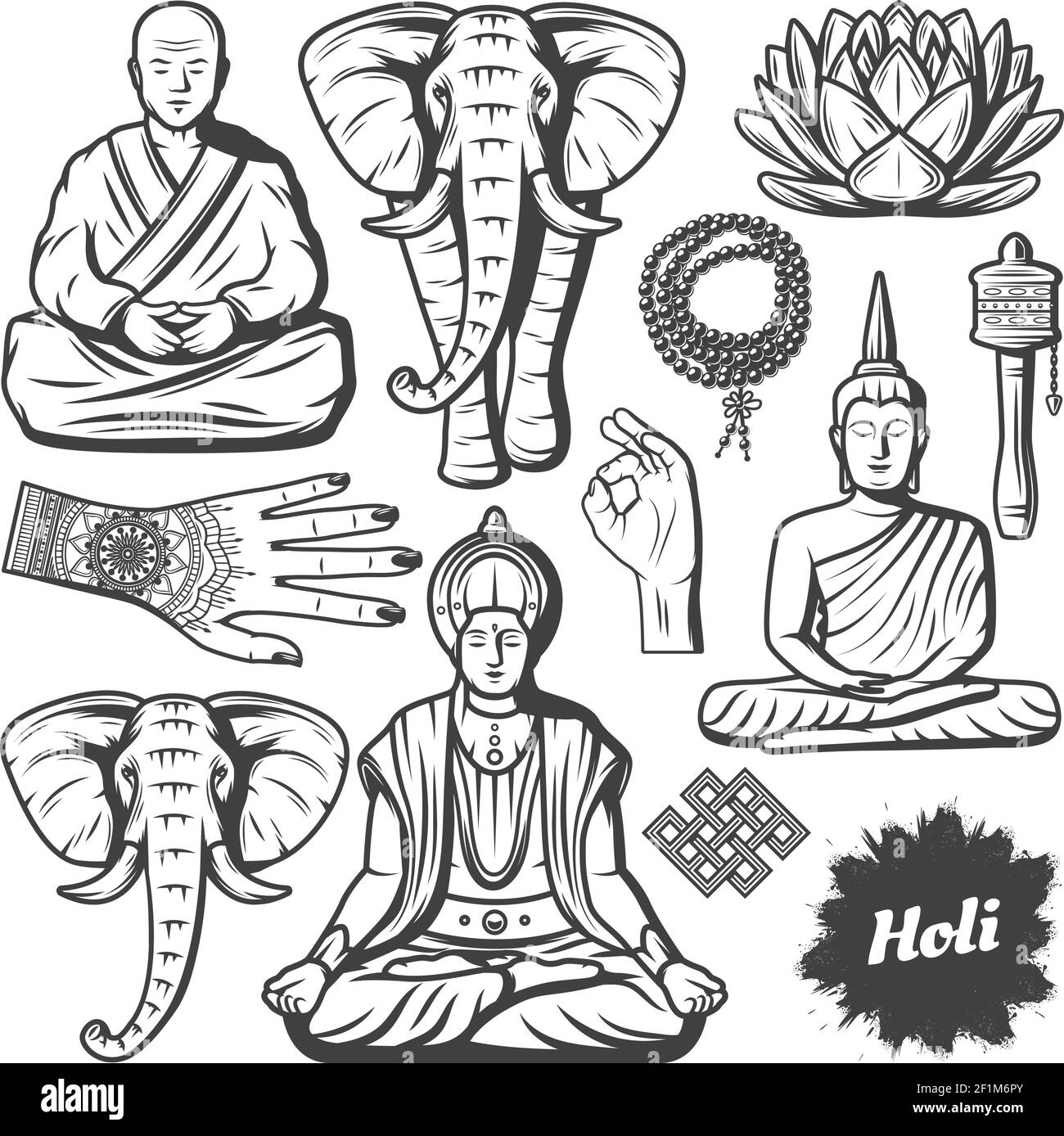 Vintage Buddhismus Religion Elemente Set mit Buddha Mönch Elefant Rosenkranz Religiöse Perlen Lotusblume Hände tibetische Gebet Rad isoliert Vektor illust Stock Vektor