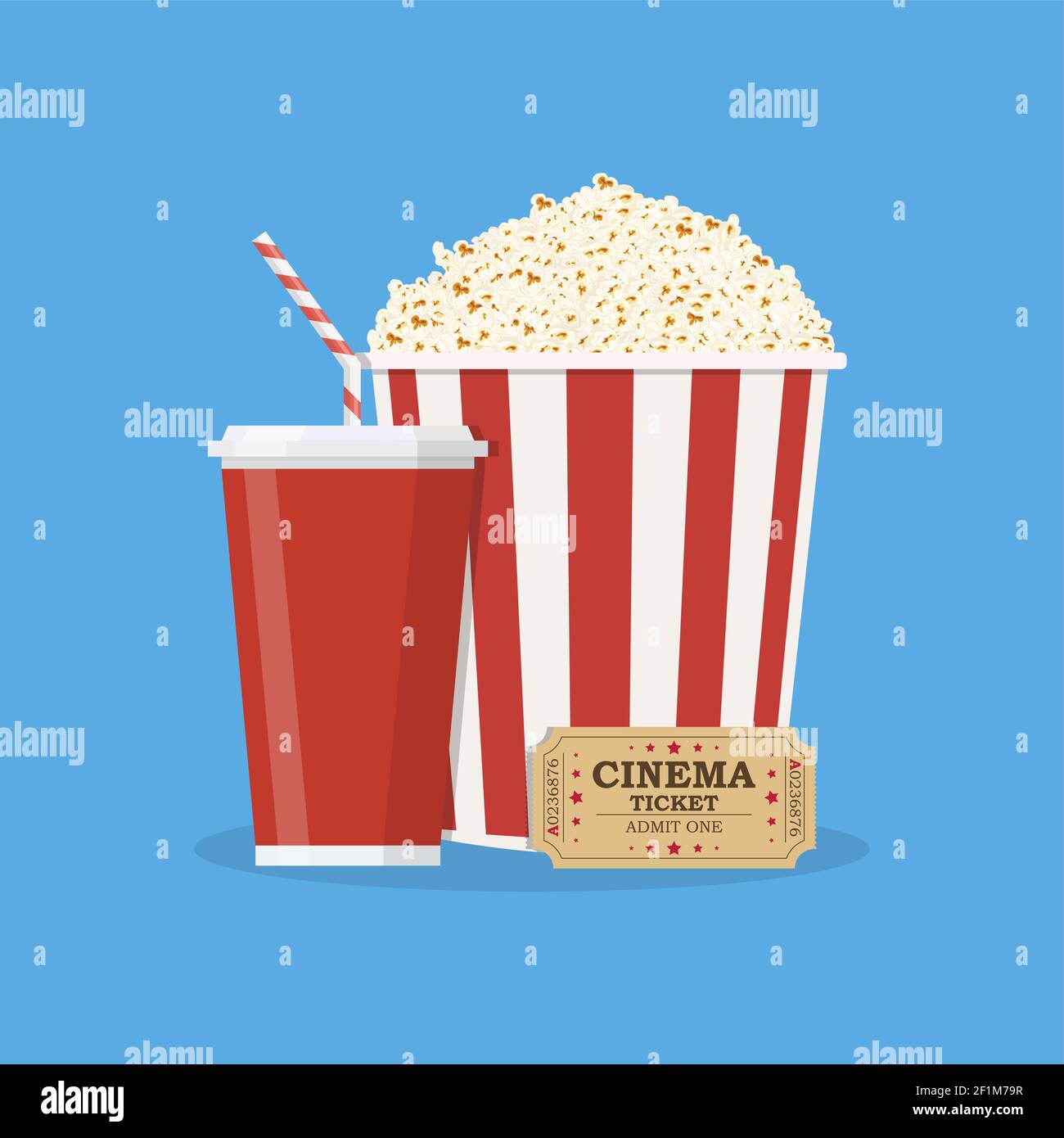 Popcorn mit einer Tasse Limonade und Kinokarte. Stock Vektor