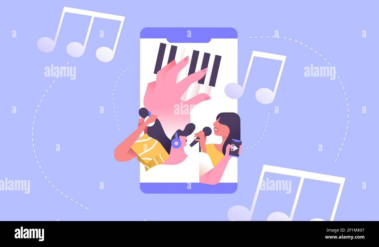 Flat Cartoon Menschen hören Musik mit Kopfhörern und Musikinstrumente in Smartphone-App. Audio-Streaming oder mobile Technologie Co Stock Vektor
