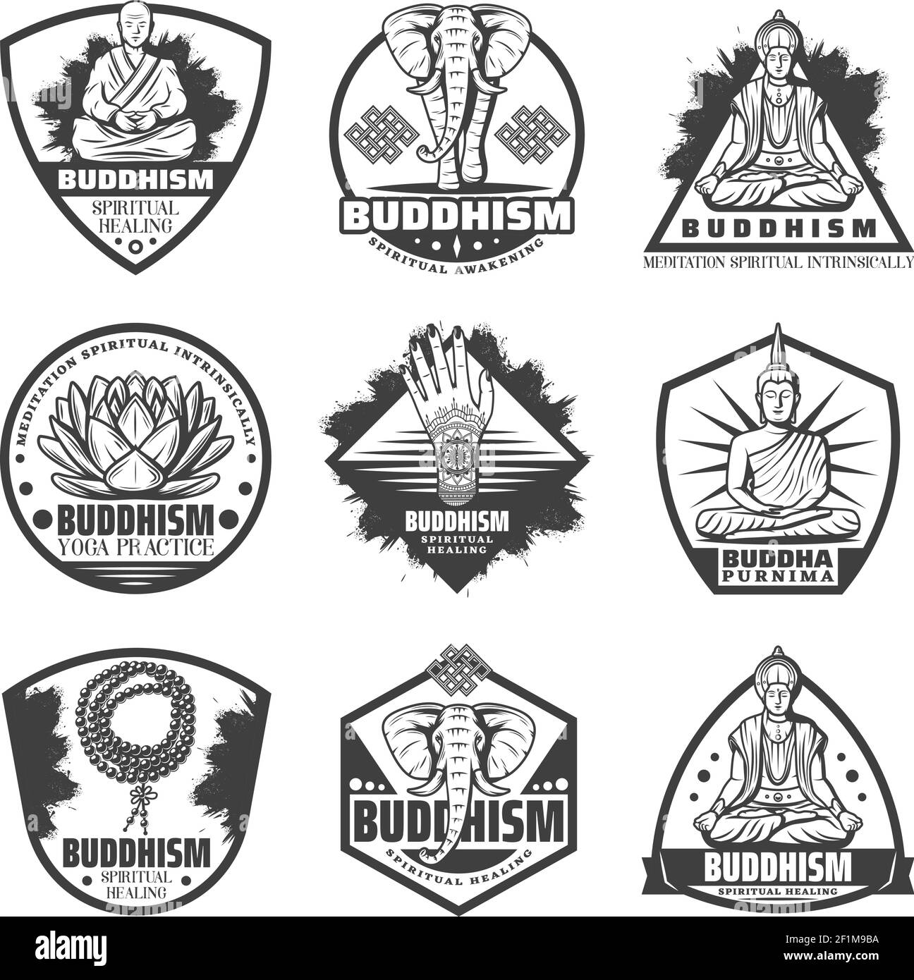 Vintage monochromen Buddhismus Etiketten mit Buddha Mönch in Meditation gesetzt Prozess Elefant Lotus Blume religiöse Rosenkranz Perlen isoliert Vektor illustratio Stock Vektor
