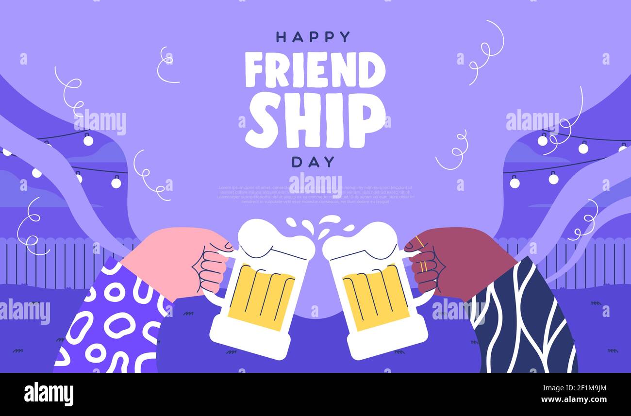 Happy Friendship Day Web-Vorlage Illustration der besten Freunde trinken Bierglas. Freund Toast Cartoon-Design für Beziehung Urlaub Feier. Stock Vektor