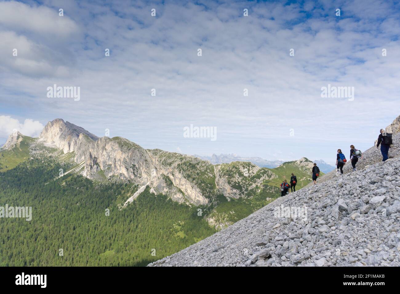 Panorama einer Gruppe von Bergsteigern, die einen hinauf wandern Bergseite zu einer harten Kletterroute Stockfoto