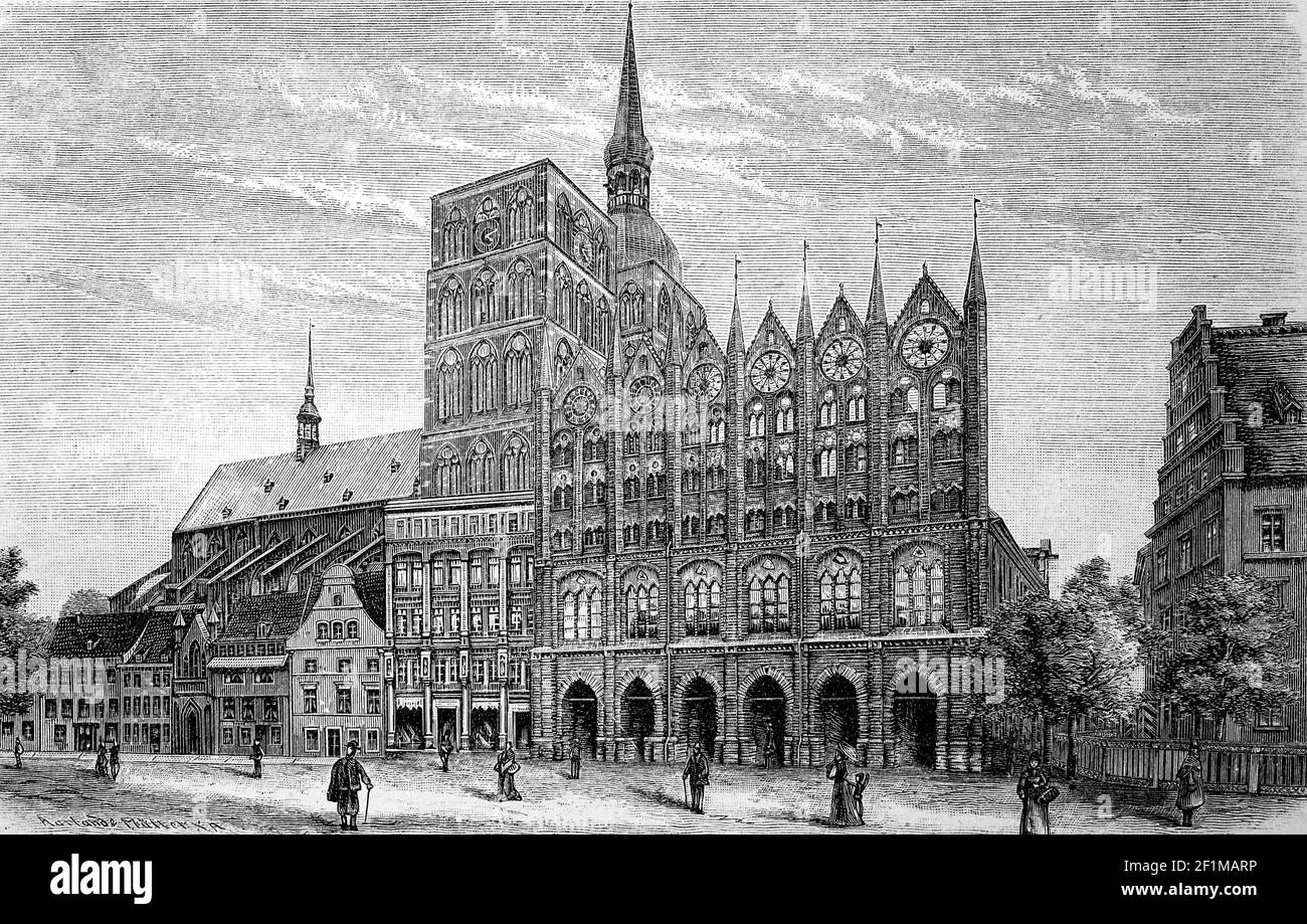 Der Marktplatz von Stralsund, Deutschland, im Jahr 1885 / der
