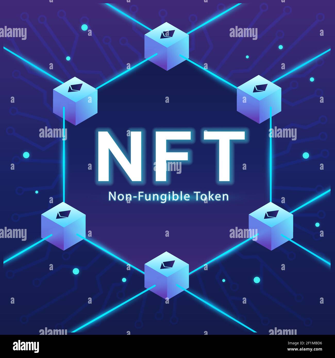 Konzept von NFT, nicht-fungible Token mit Netzwerk-Vektor auf dunkel Hintergrund Stock Vektor