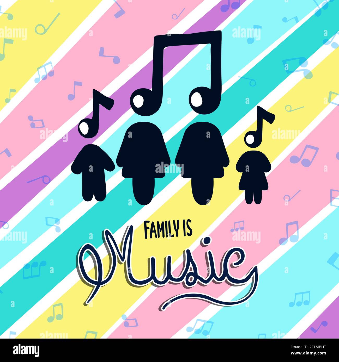 Familie ist Musik Text Zitat Illustration für musikalische Beziehung Konzept. Mama, Papa, Kinder Cartoon mit Ton Note Hintergrund in Pastellfarbe. Stock Vektor