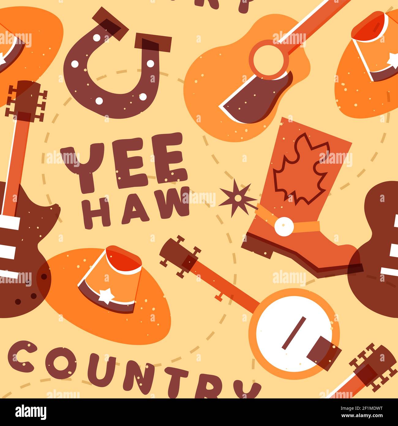 Country Musik nahtlose Musterillustration, bunte musikalische Ikone Hintergrunddesign mit Gitarre, Cowboy Hut, Stiefel, Banjo und mehr. Stock Vektor