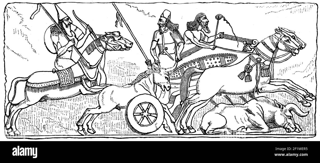 Assyrische Krieger mit Kampfwagen Jagdbullen, Assyrien, Assyrisches Reich, um 800 v. Chr., Illustration von 1890 / Assyrische Krieger mit Kampfwagen bei der Stierjagd, Assyrrien, Assyrisches Reich, um 800 v. Chr., Illustration aus 1890, Historisch, historisch, digital verbesserte Reproduktion eines Originals aus dem 19th. Jahrhundert / digitale Produktion einer Originalvorlage aus dem 19. Jahrhundert, Stockfoto