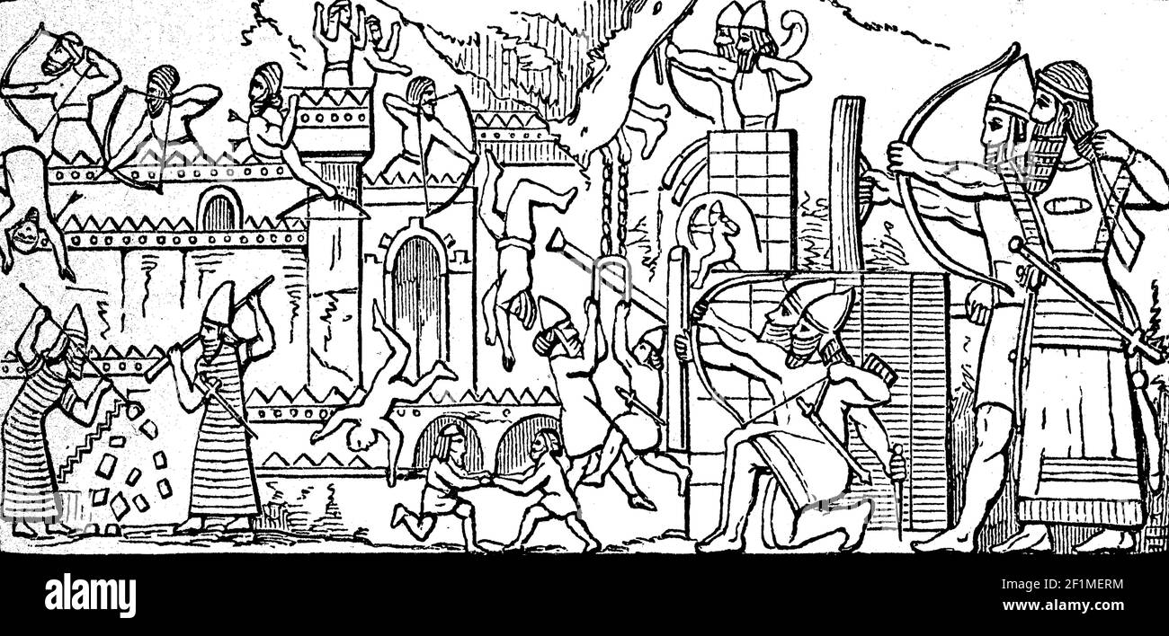 Assyrische Krieger, Belagerungsszene, Assyrien, Assyrisches Reich, ca. 800 v. Chr., Illustration von 1890 / Assyrische Krieger, Belagerungsszene, Assyrrien, Assyrische Reich, um 800 v.Chr., Illustration aus 1890, Historisch, historisch, digital verbesserte Reproduktion eines Originals aus dem 19th. Jahrhundert / digitale Reproduktion einer Originalvorlage aus dem 19. Jahrhundert, Stockfoto