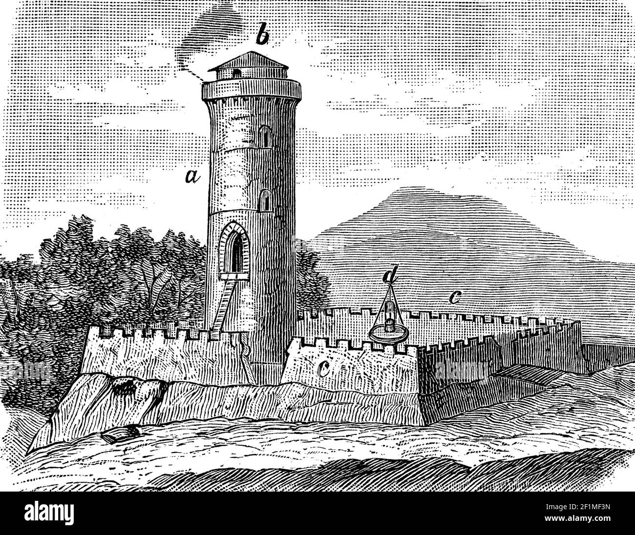Römische Felsenburg aus der Grenzbefestigung der Römer in Deutschland im 2nd. Jahrhundert, mit Turm, Spekula mit Feuerzeichen zur Signalisierung und Beobachtung, Ringmauer und Ziehbrunnen, Illustration von 1890 / Römisches Felsenkastell aus der Grenzbefestigung der Römer in Deutschland im 2. Jahrhundert, mit Turm, Spekula mit Feuerzeichen zum Signalisieren und Beachten, Ringmauer und Ziehbrunnen, Illustration aus 1890, Historisch, historisch, Digitale verbesserte Reproduktion eines Originals aus dem 19th. Jahrhundert / digitale Reproduktion einer Originalvorlage aus dem 19. Jahrhundert, Stockfoto