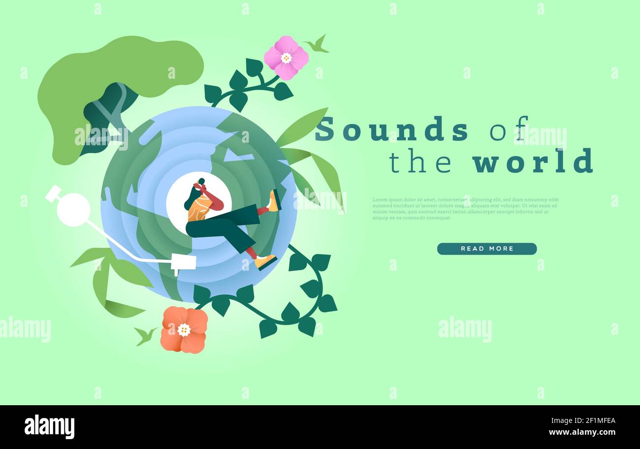 Sounds of the World Web Template Illustration, vielfältiges internationales Musikkulturkonzept für Online Landing Page Hintergrund. Frau hört dem Kopf zu Stock Vektor