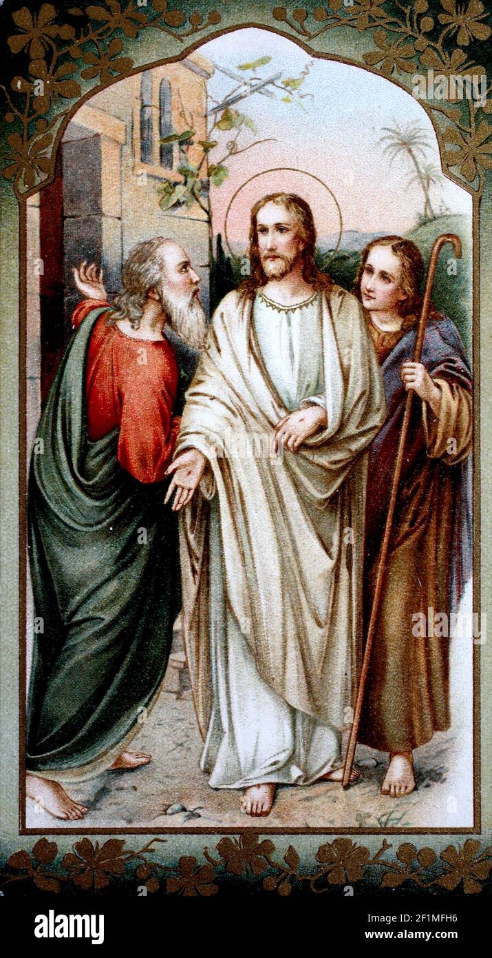 Heiligenbild von Ostern, Christus mit den beiden Jüngern in Emmaus bei Jerusalem, 1900, Österreich / Heiligenbilder mit einer Osterdarstellung, Christus mit den beiden Jüngern in Emmaus in der Nähe von Jerusalem, 1900, Österreich, Historisch, historisch, Digitale verbesserte Reproduktion eines Originals aus dem 19th. Jahrhundert / digitale Reproduktion einer Originalvorlage aus dem 19. Jahrhundert, Stockfoto