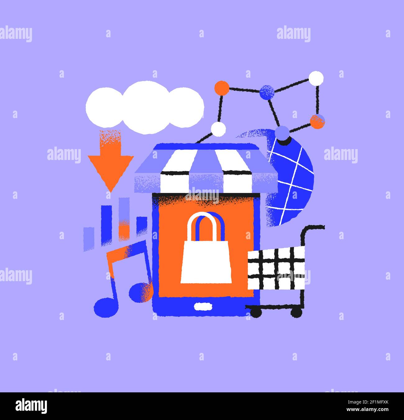 Handy-Shop-App Bunte Illustration von Smartphone-Anwendung Symbole auf isolierten Hintergrund. Mobile Web-Daten, Cloud-Speicher oder Online-Shop-Konzept in Stock Vektor