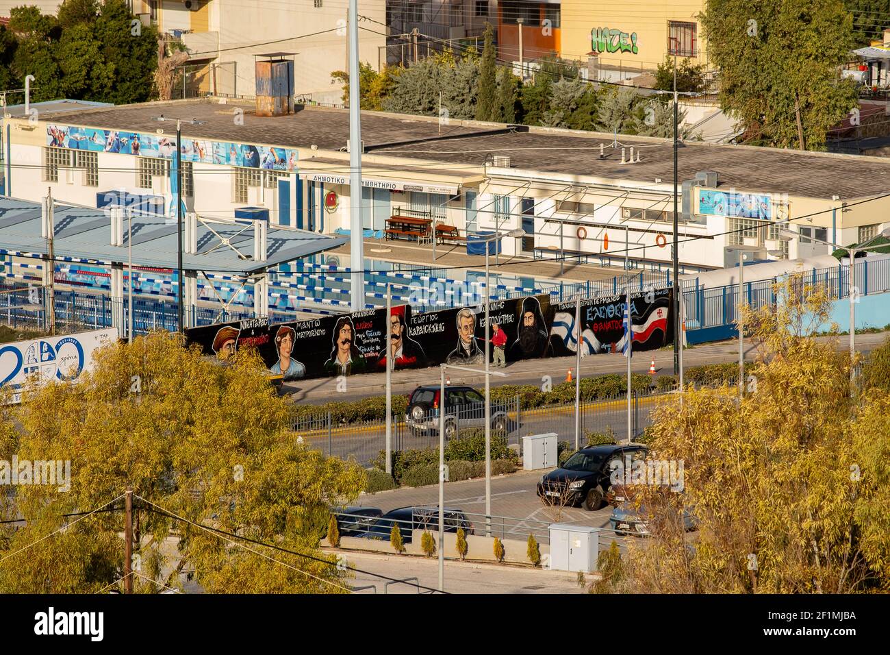 Graffiti an der Wand des öffentlichen Stadions für die Feier von Die 200 Jahre der griechischen Revolution, Argiroupoli, Griechenland Stockfoto