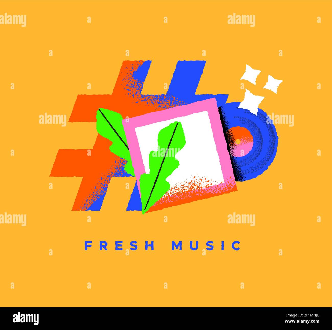 Frische Musik bunte Illustration von Retro-Vinyl-cd und Hashtag Symbol auf isoliertem Hintergrund. Neues Song- oder Album-Release-Konzept in trendy Hand Drawn Stock Vektor