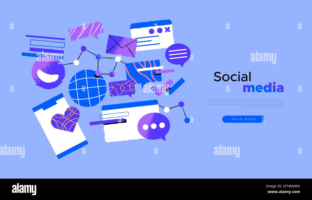 Social Media Web Template Illustration mit trendigen handgezeichneten Kommunikations-Icons für modernes Online Community Konzept oder Business Network Projekt. Stock Vektor
