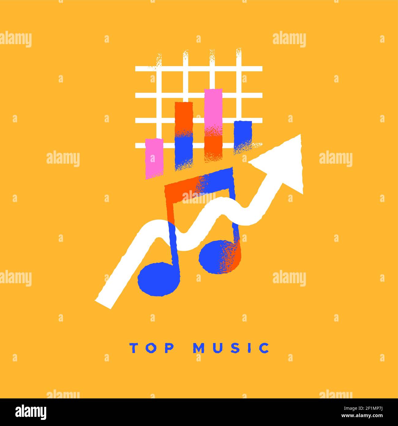Top-Musik Bunte flache Symbol Illustration auf isolierten Hintergrund. Songchart Erfolg oder High-Album-Verkauf Konzept in trendigen handgezeichneten Cartoon-Stil. Stock Vektor