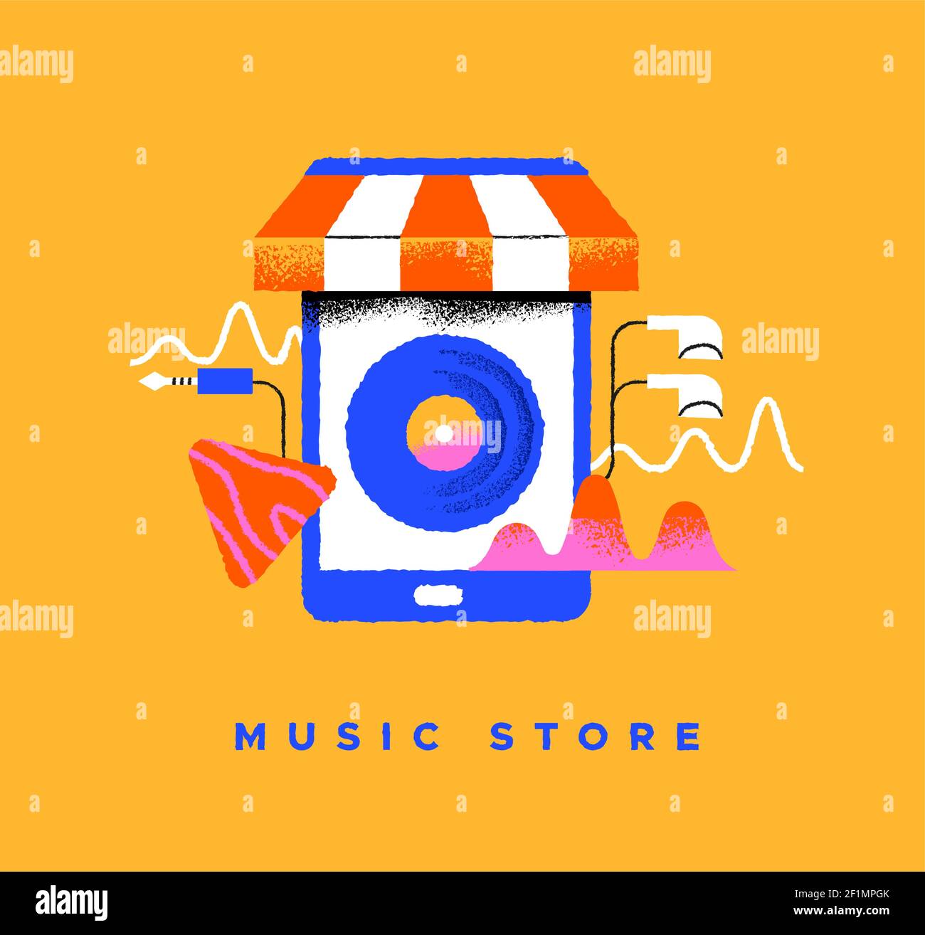 Musikgeschäft bunte Illustration von Smartphone Schaufenster und Vinyl-cd auf isoliertem Hintergrund. Mobile App oder Online-Musikmarktkonzept im Trend Stock Vektor